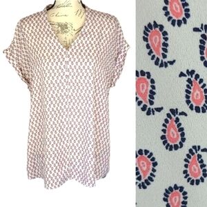 Paisley Print Pink & White Sleek Cuffed Short Sleeve Blouse Top, S